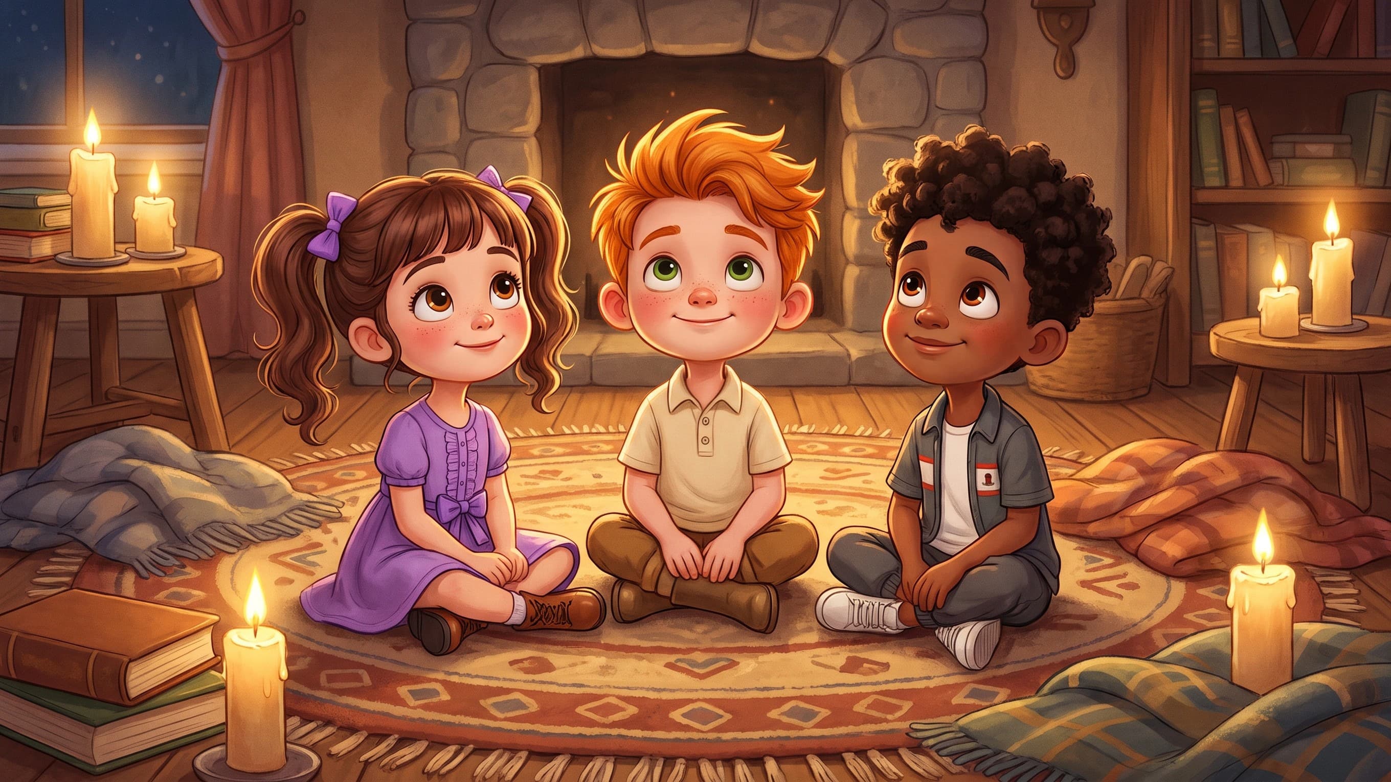 Lily, Finn and Toby sitting together on a cosy rug by candlelight, quiet wonder