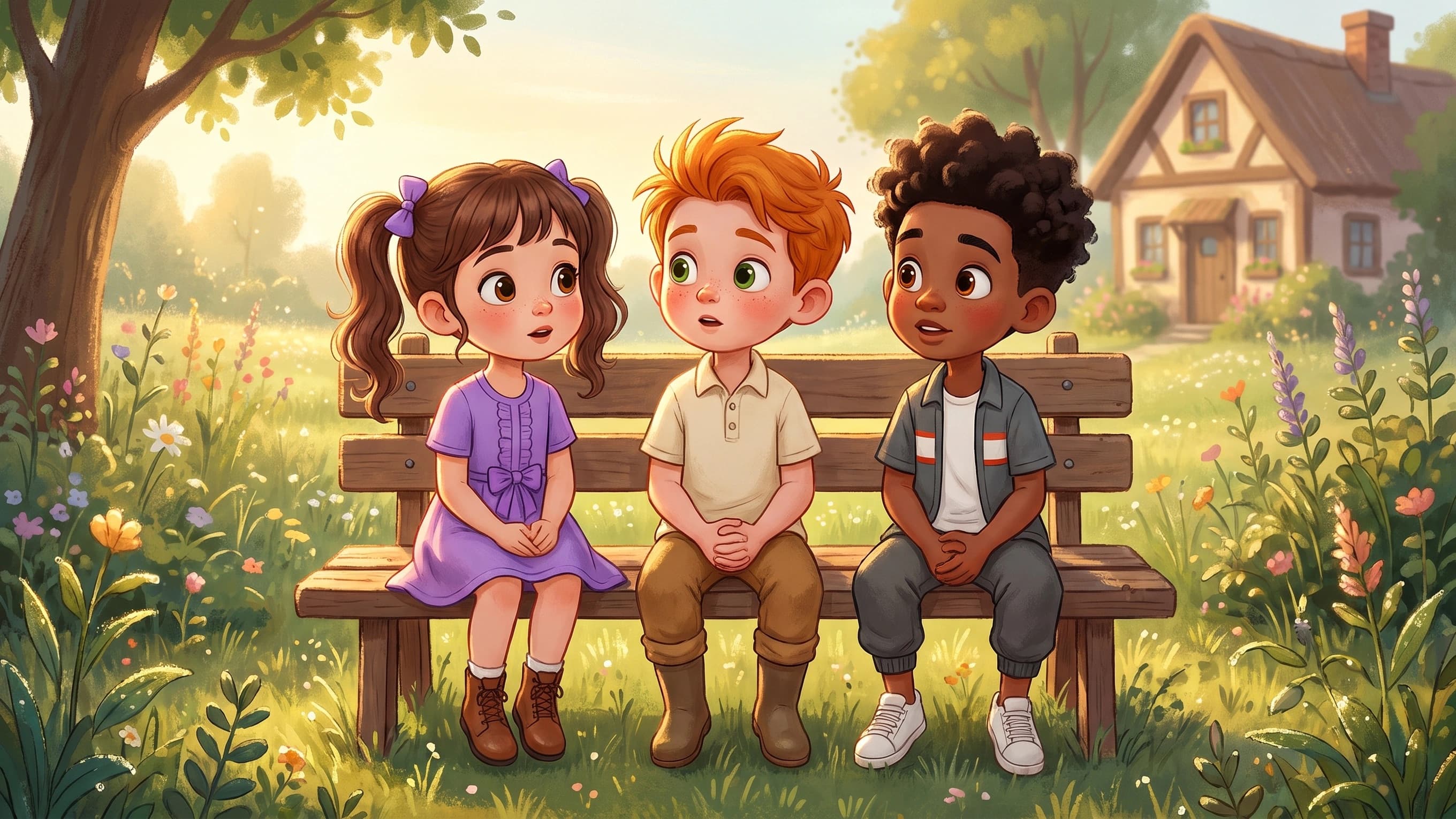 Lily, Finn and Toby sitting together quietly in soft early morning light